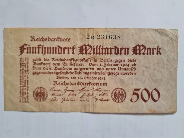 Reichsbanknote Fünfhundert Milliarden Mark 26.Oktober 1923 Rar Guter Zustand