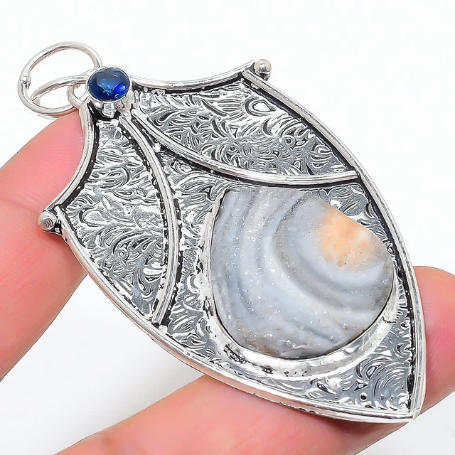 Desert Rose Druzy, Blue Topaz 925 Sterling Silver Jewelry Pendant 2.88" k296