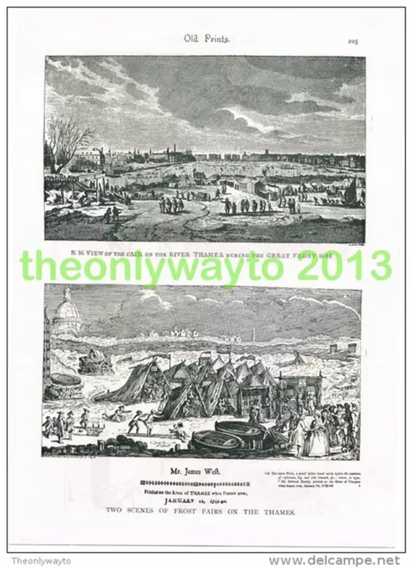 2 SCENES OF FROST FAIRS ON THAMES, LONDON, 1683 & 1719, Book Illustration c1895
