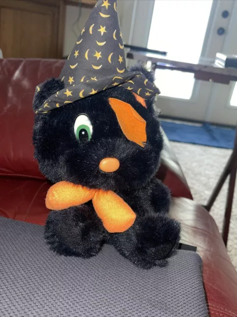 Vtg Witch Hat Black Cat Kitten Plush Stuffed Animal Halloween