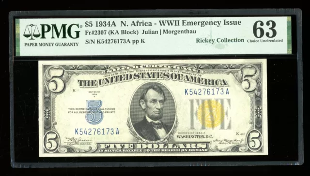 DBR 1934-A $5 Silver North Africa Fr. 2307 PMG 63 Serial K54276173A