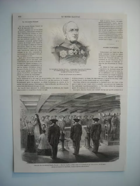 Gravure 1864. Vice-Amiral Charles Penaud. Obseques Du Vice-Amiral Rade De Toulon