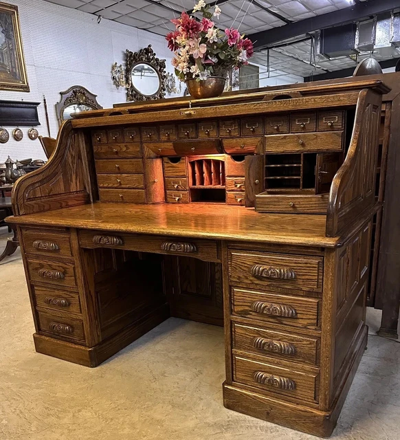 Vintage Beautiful American 66" Oak Crest S Curved Golden Oak Roll Top Desk