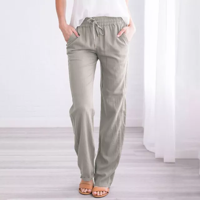 Women Cotton Linen Elastic Waist Long Pants Casual Plain Pocket Wide Leg Trouser