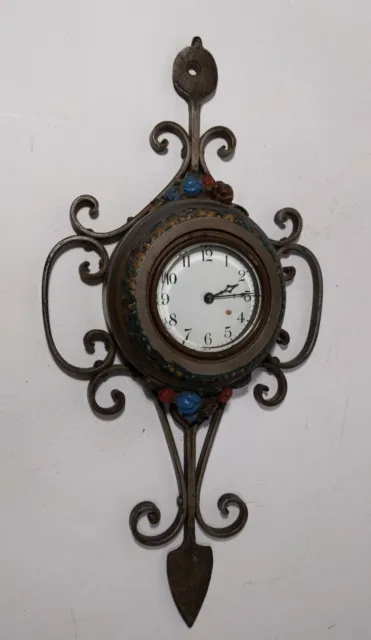 Antique Metal Wrought Iron/Metal Polychrome Scroll Wind Up Wall Clock Ornate