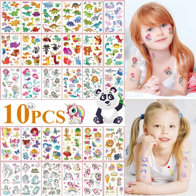 10PCs Kids Temporary Tattoos Stickers Boy Girl Cartoon Unicorn Dino Car Cute AU