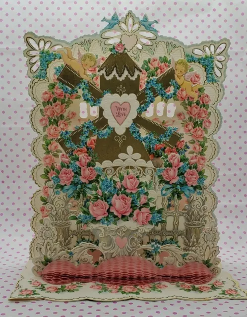Vintage Die Cut FOLD OUT Stand Up Valentine Card~Roses~Windmill Pink Honeycomb