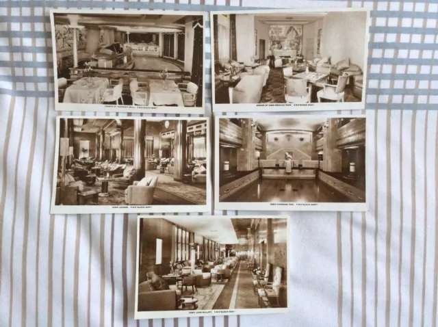 5 Real Photo Postcards Of RMS Queen Mary Interior Cabin & Swimming Pool