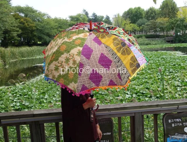 Hand Embroidered Parasol pom pom Art Vintage Sun Shade Umbrella Indian Antique