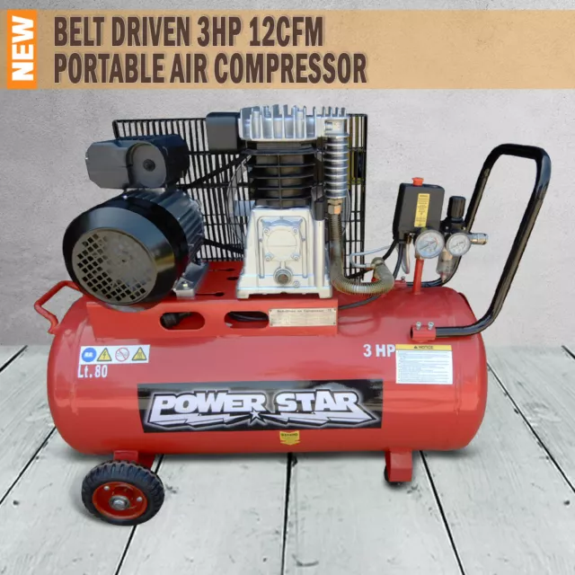 New Belt Driven 3Hp 12Cfm Air Compressor Portable 300L/Min 80Lt Tank