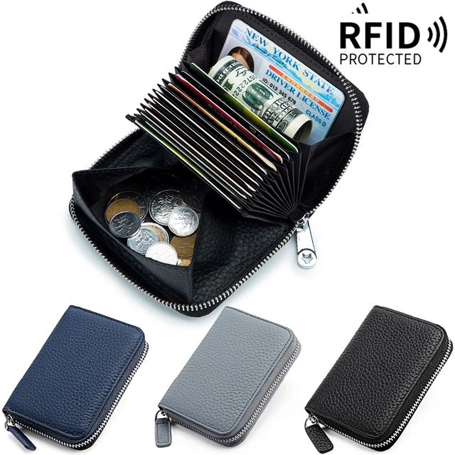 Men Genuine Leather Credit Card Holder RFID-Blocking Zip Wallet with Coin Pocket