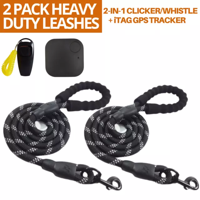 2 Heavy Duty Dog Leashes + Whistle/Clicker Trainer + GPS Anti Lost Device Pack