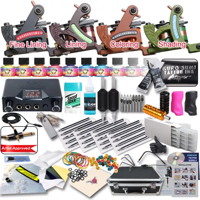 Professional Complete Tattoo Kit 4 Top Machine Gun 10 Ink 50 Needle Power Supply