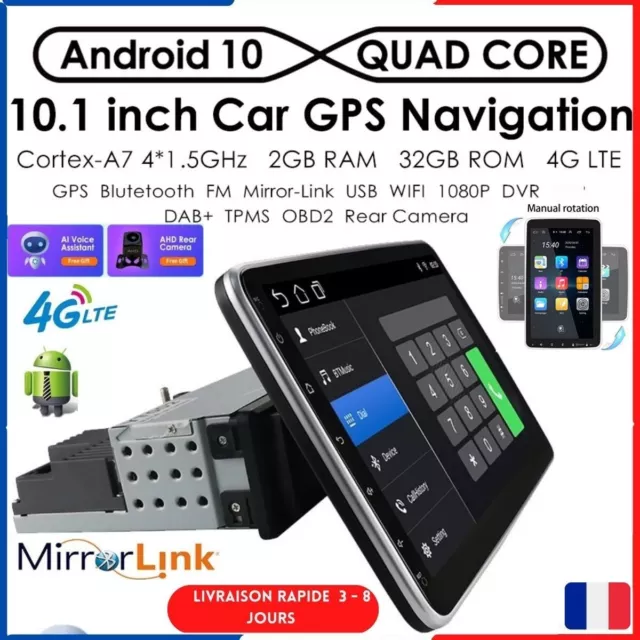 4G LTE Autoradio 10,1" 1din, Android 10 Écran Rotatif, DAB+,GPS, Caméra, WiFi