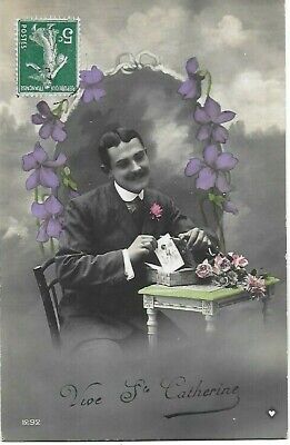 Belle CPA postcard old young man in bloom saint Catherine purple