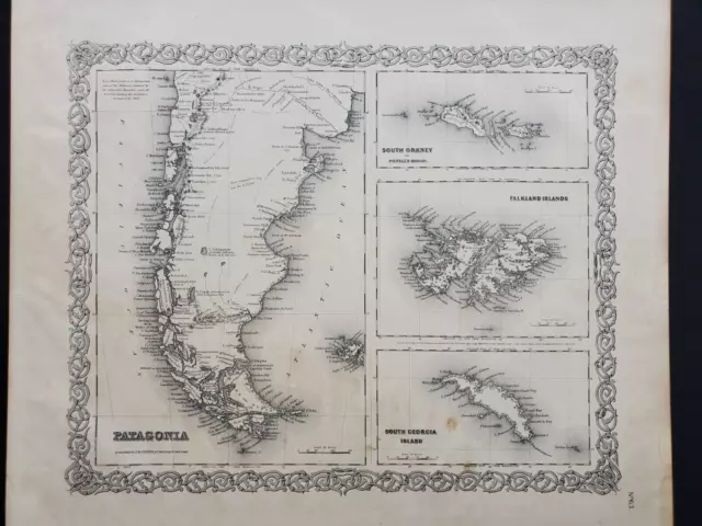 1855 Colton Map - Argentina Falkland Islands South America 100% Genuine Antique