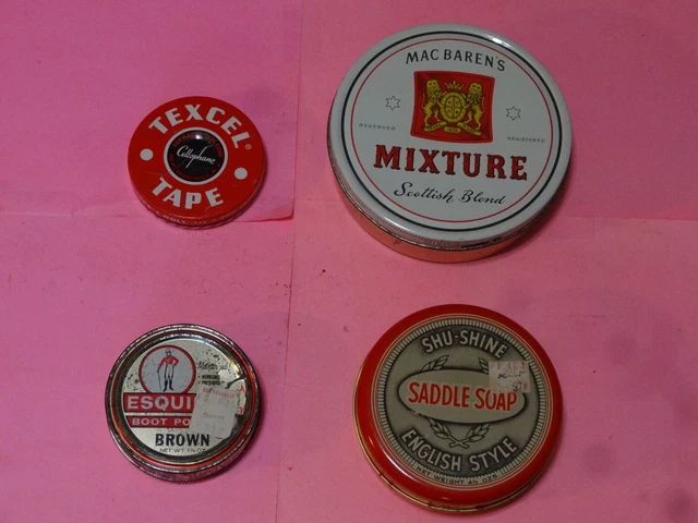 Lot of 4 Empty Vintage Tins: MacBarens Tobacco, Shu-Shine, Texcel Tape & Esquire