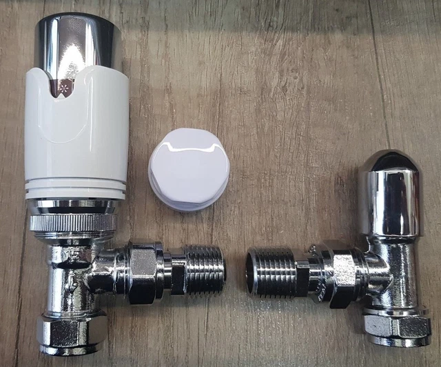 Angled Thermostatic Radiator Valve TRV & Lockshield Pack Chrome White REF C/W