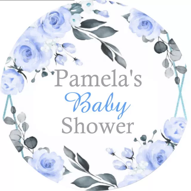 Personalised Blue Gloss Floral Baby Shower  Favour Labels,Thank You Stickers