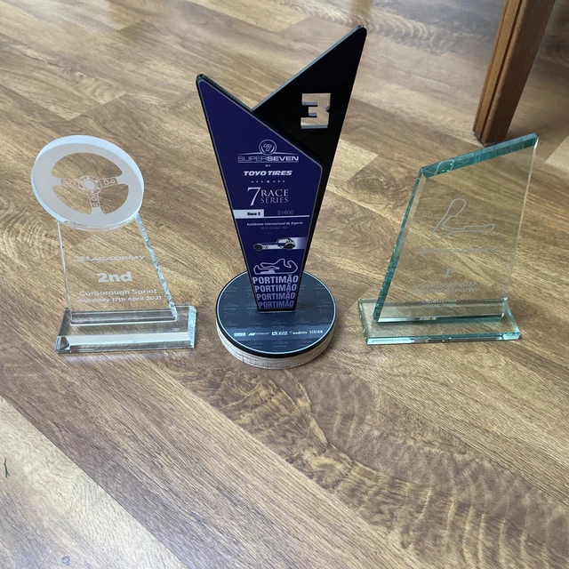 3x Trophies (2 Crystal, One Wood/plastic) - Theatre Props?