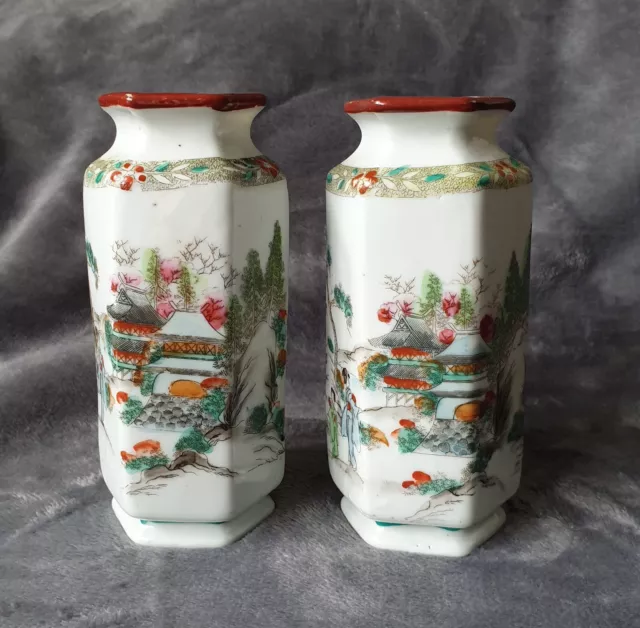 2x Vintage Nippon Oriental Porcelain Vases Handpainted Traditional Style H6"