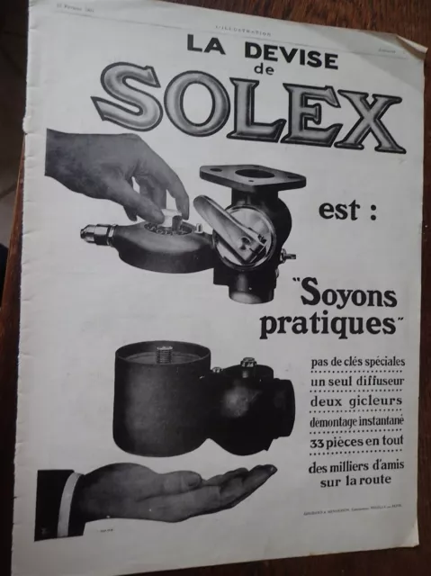 SOLEX carburateur + BALLOT 2 litres + SAVORA publicité papier ILLUSTRATION 1928