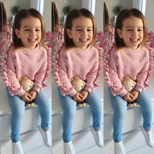 UK Kids Baby Girls Warm Outfits Clothes Ruffle Tops Denim Jeans Pants 2Pcs Set