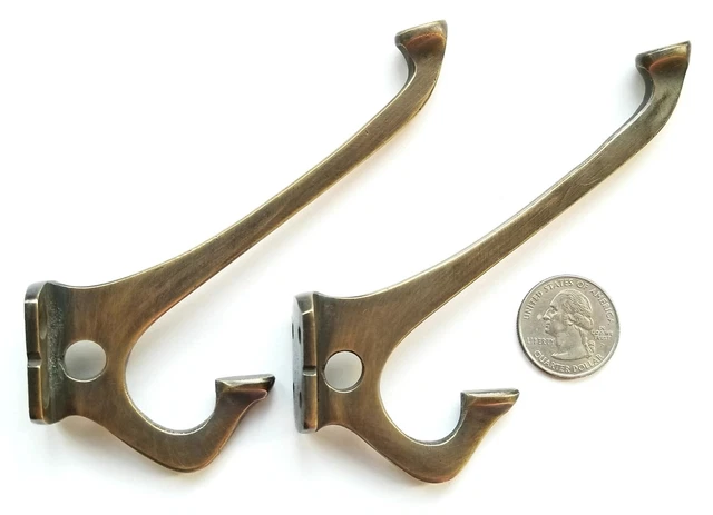 2 Antique Style Arts and Crafts Mission Coat Hat double hooks 4" solid brass #C7 3