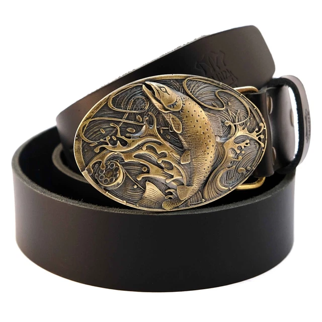 Leather belt with brass buckle Trout, Fisherman, Salmoninae, Fisherman gift belt
