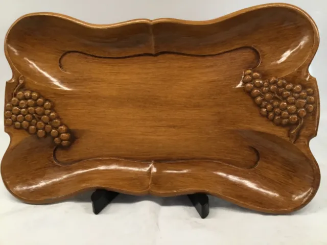 Vintage Oblong Wood Serving Tray With Grapes Pattern