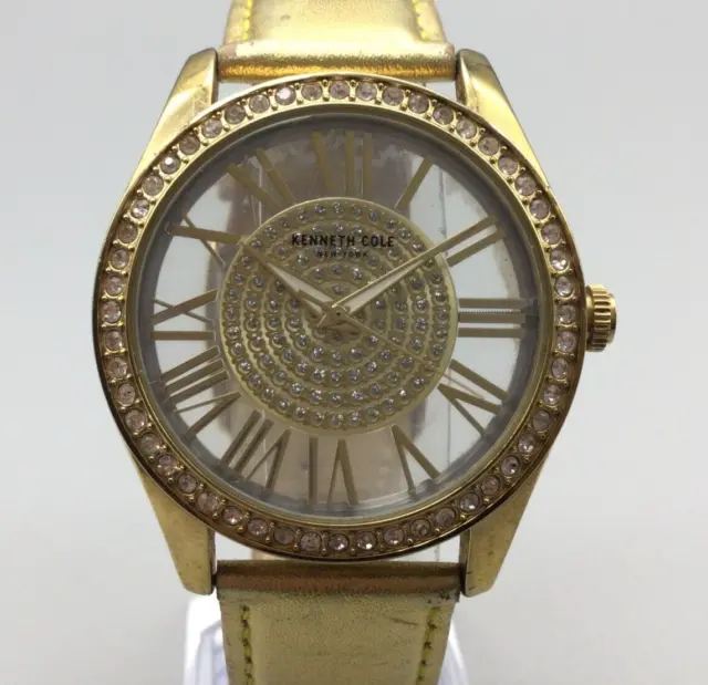 Kenneth Cole Watch Women Gold Tone Pave Bezel Bling Gold Leather New Battery