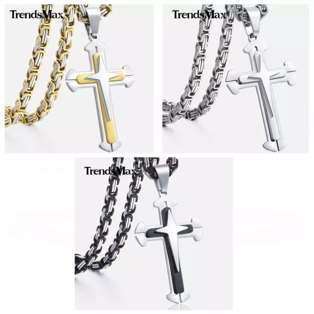 Cross Pendant Necklace Mens Stainless Steel Silver Gold Plated Byzantine Chain