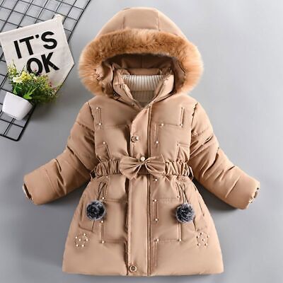 Winter Girls Warm Hooded Kids Coat Padded Thick Parka Long Fur Cotton Jacket