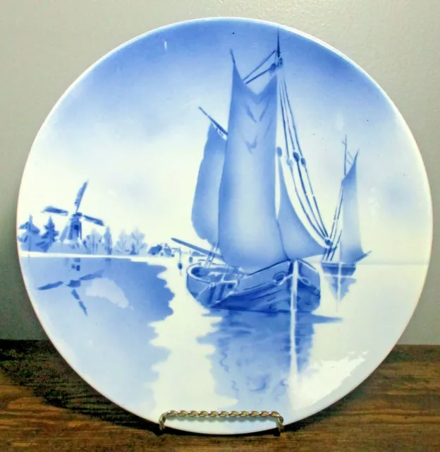 Vintage Blue & White CABINET/WALL PLATE, 12" ~ Sailboat Scene, Made in Germany
