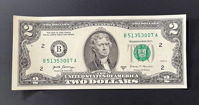 Fancy $2 Dollar Bill, Serial#: Ending On 007 Frb B2, 2017A, Circ.