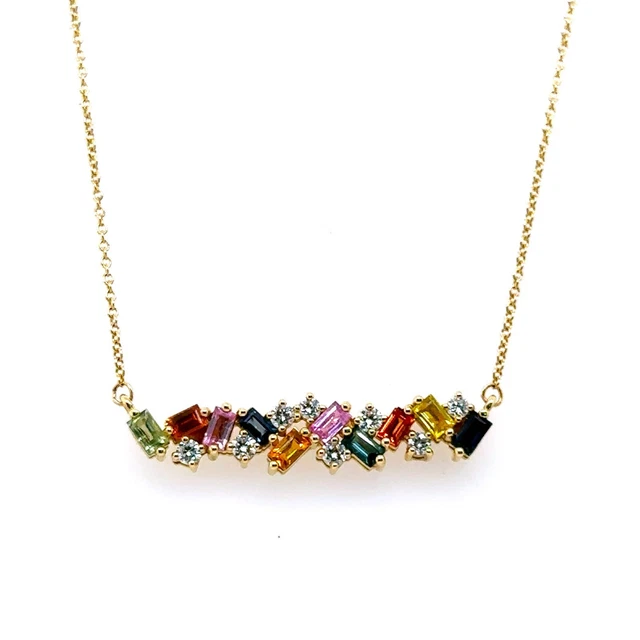 Movado 14k Yellow Gold 2.00CT Diamond & Sapphire Bar Necklace, 4.2g, S15799 Movado 14k Yellow Gold 2.00CT Diamond & Sapphire Bar Necklace, 4.2g, S15799