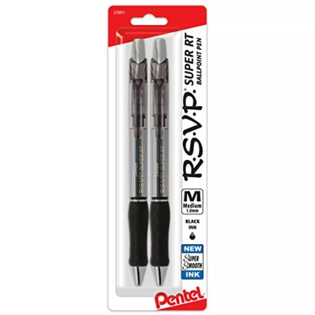 Pentel 2 Pack RSVP Super RT Ballpoint Pen 1.0mm medium-BLACK INK w/ FREE PEN