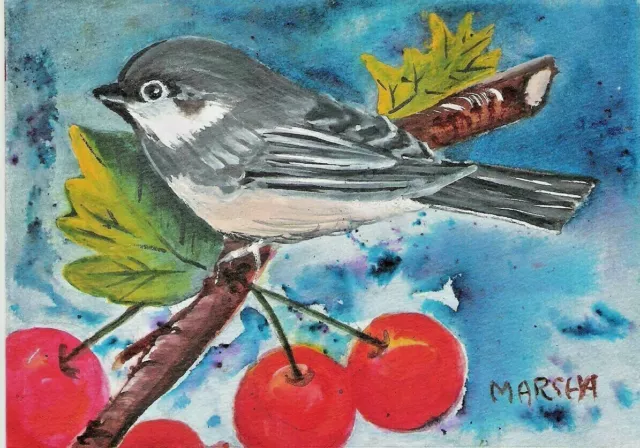 Art Painting Watercolor Chickadee And Cherries Red Black Blue Bird Tree Green Br