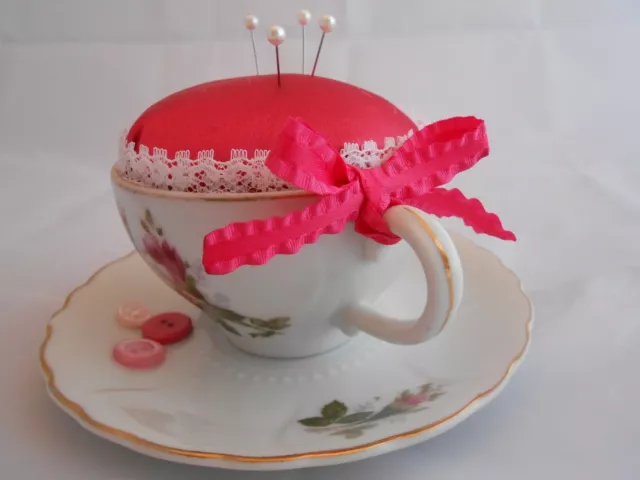 Cup and Saucer Pincushion, Handmade, Shabby Chic, Vintage Style, Pink, Sewing 3