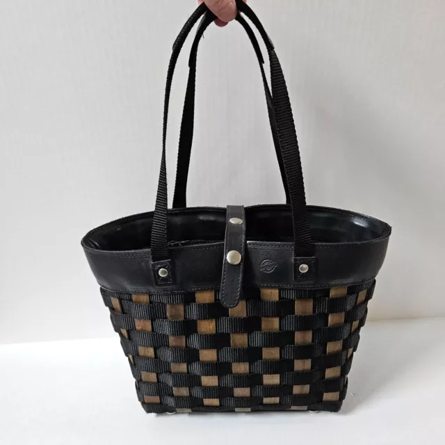 Longaberger To Go Small Shopping Tote Basket Black Woven Nylon Leather Purse Bag