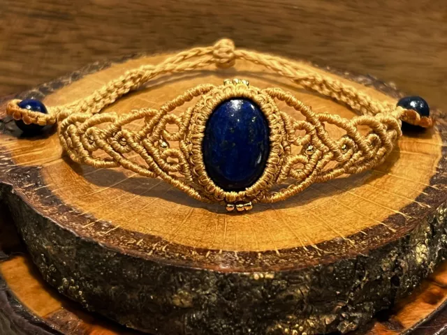 Pretty Macrame & Lapis Lazuli Bead Adjustable Bracelet