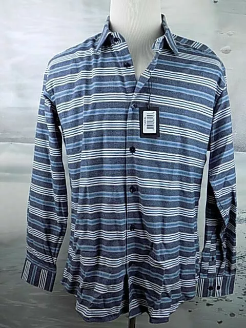 $179 NWT Jared Lang Striped Patterned Woven Trim Fit Shirt Navy Size-XL