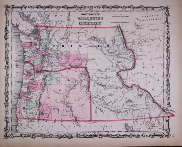 1863 Map of WASHINGTON TERRITORY, OREGON ~ Johnson Atlas Map (14x18)-#010