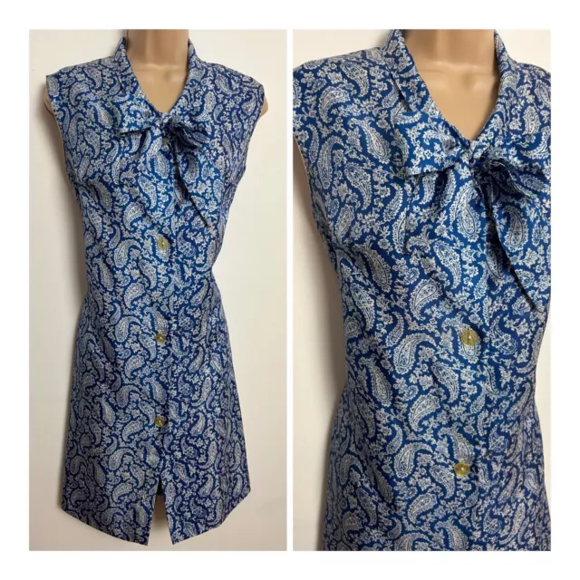 Vintage Early 70s Blue White Paisley Floral Print Tie Neck Mod Shift Dress 10-12