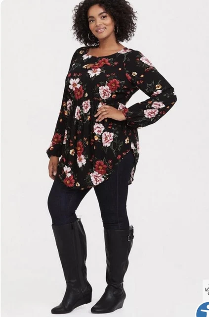🌹Torrid Babydoll Gauze Keyhole Front Tunic Top in Black Floral Sz 2X