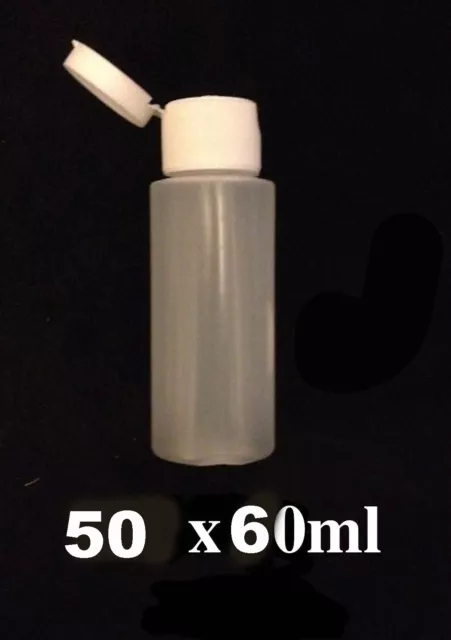 50 X 60ml Plastic Bottles HDPE Cosmetic White  Hinged Flip Top Lid