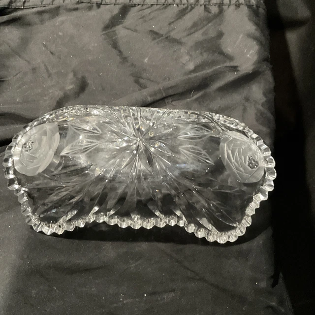 american brilliant cut glass 4x8 in elongated small relish bowl rose cut design 9
