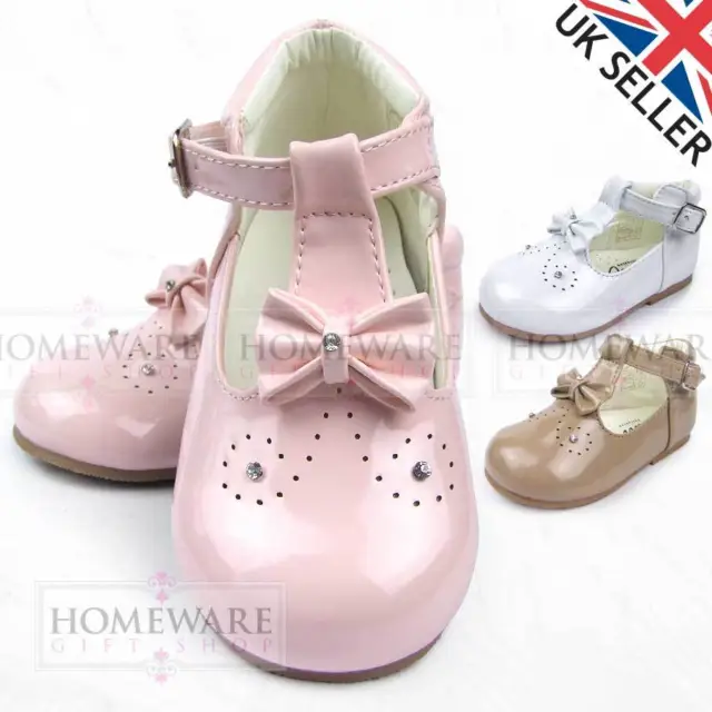 Baby Girls Spanish Style Shoes T-Bar Bow Diamante Pink White Camel Infant Uk 2-6