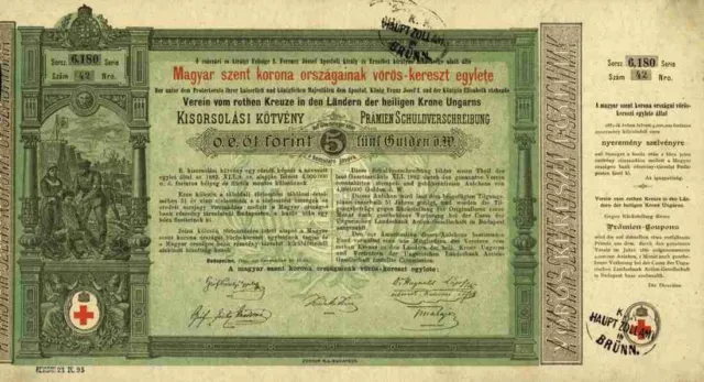 Verein vom rothen Kreuze Ungarn 1882 Budapest Prämien Lotterie 5 Forint Gulden