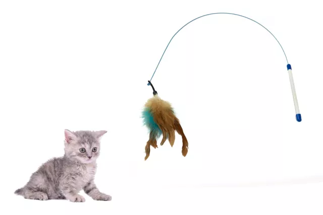 CAT TOY TEASE Fishing Rod Bells Feather Stick Pet Interactive Game